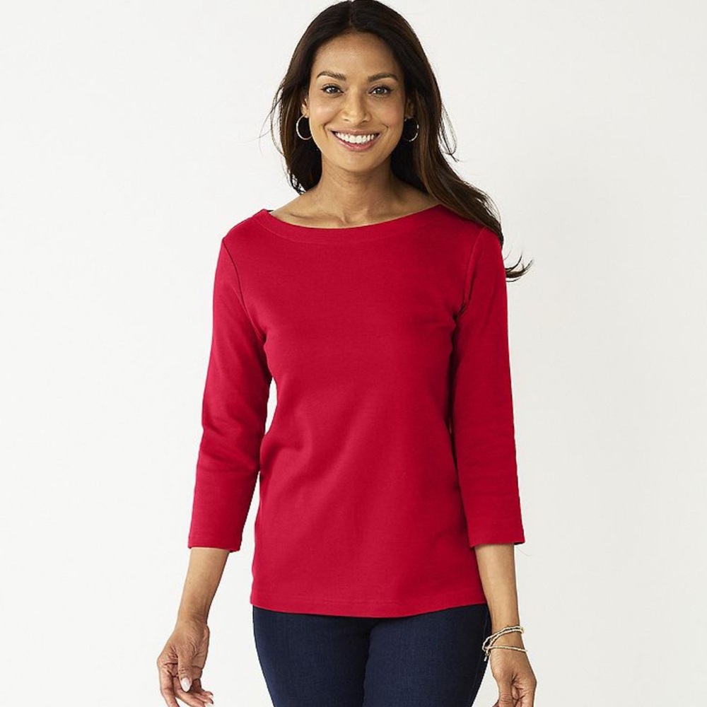 WHBM Red Refined Knit Boat Neck Sweater 3/4 Sleeve Tie Waist M Medium $89 EUC KL